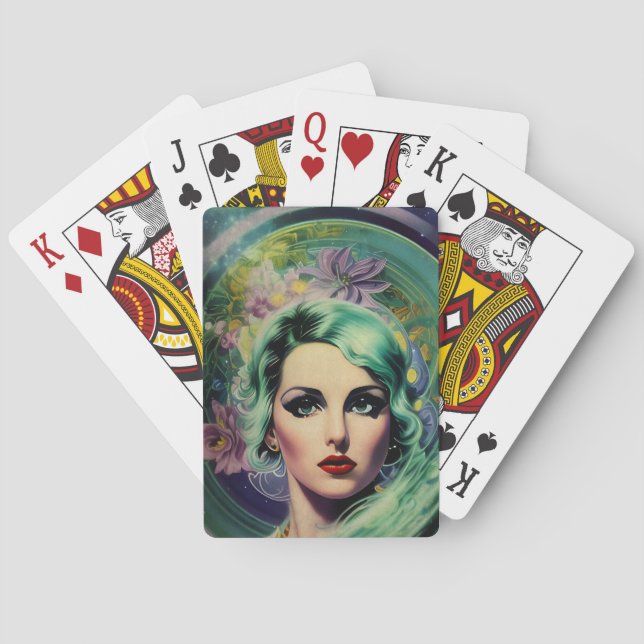 Beautiful Lavender & Green Retro Style Space Woman Playing Cards (Back)