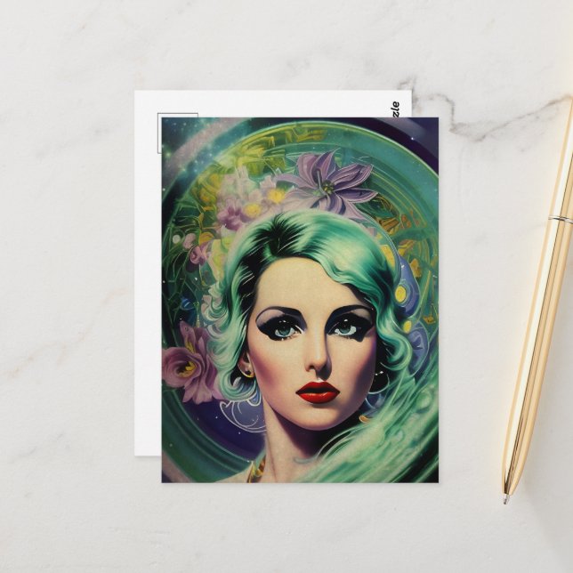 Beautiful Lavender & Green Retro Style Space Woman Postcard (Front/Back In Situ)