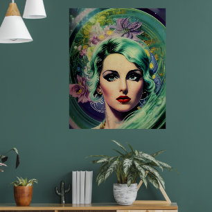 Beautiful Lavender & Green Retro Style Space Woman Poster