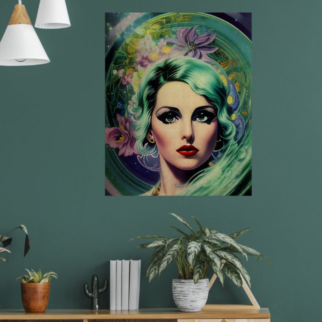 Beautiful Lavender & Green Retro Style Space Woman Poster (Living Room 1)
