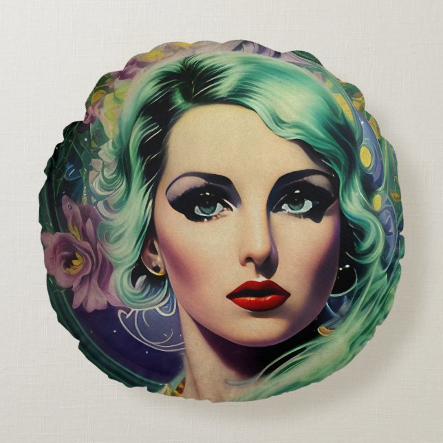 Beautiful Lavender & Green Retro Style Space Woman Round Cushion (Front)