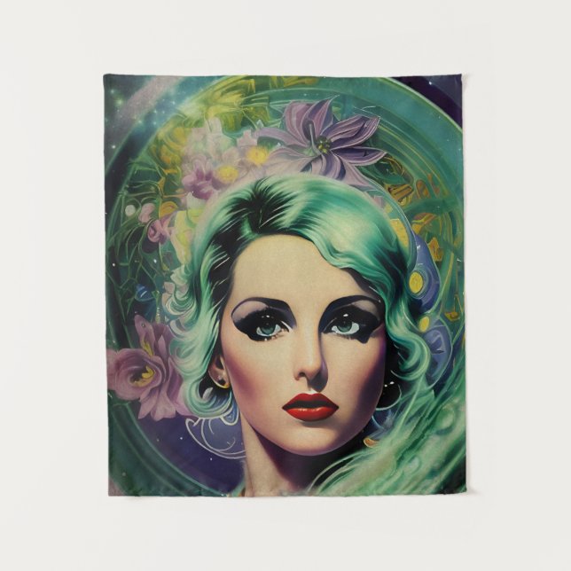 Beautiful Lavender & Green Retro Style Space Woman Tapestry (Front)