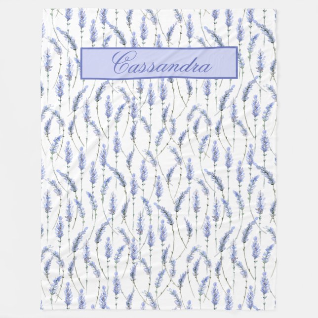 Beautiful Lavender Sprigs on White - Monogrammed Fleece Blanket (Front)