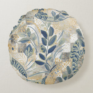 Beautiful Leaves Pattern, Blue Gold Beige Round Cushion