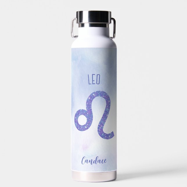 Beautiful Leo Astrology Sign Personalised Purple Water Bottle (Front)