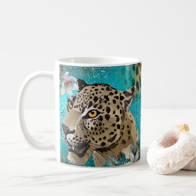 Beautiful Leopard Cat Coffee Mug, Cup (With Donut)