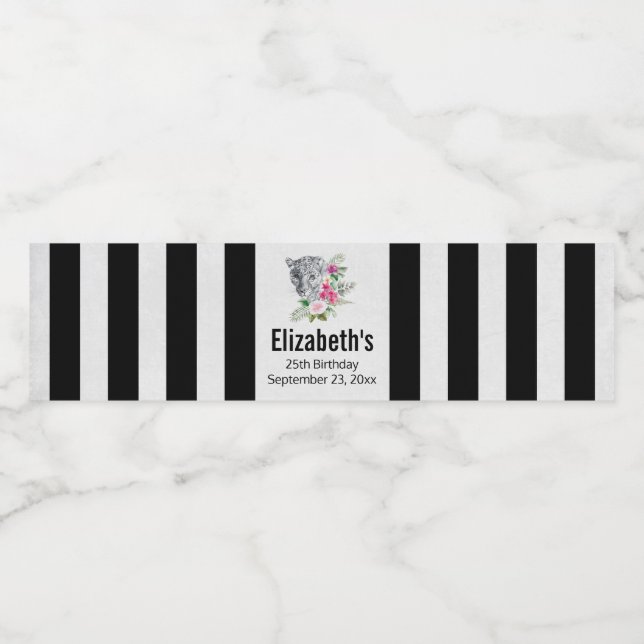 Beautiful Leopard Head in Watercolor Birthday Water Bottle Label (Single Label)