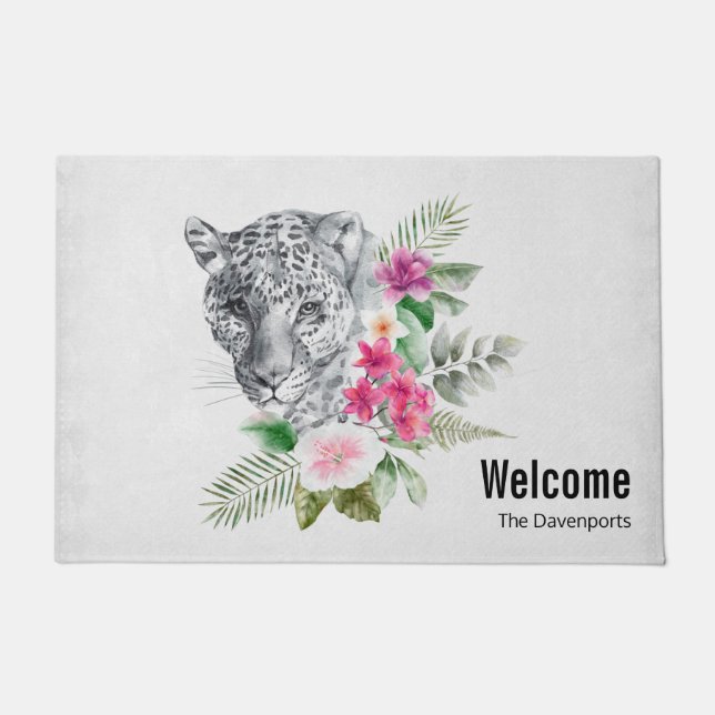 Beautiful Leopard Head Portrait in Watercolor Doormat (Front)