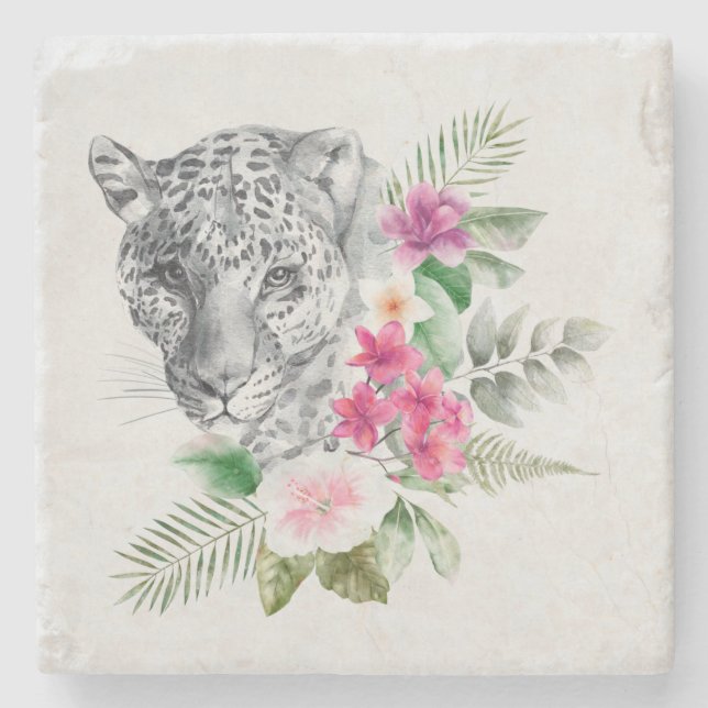 Beautiful Leopard Head Portrait in Watercolor Stone Coaster (Front)