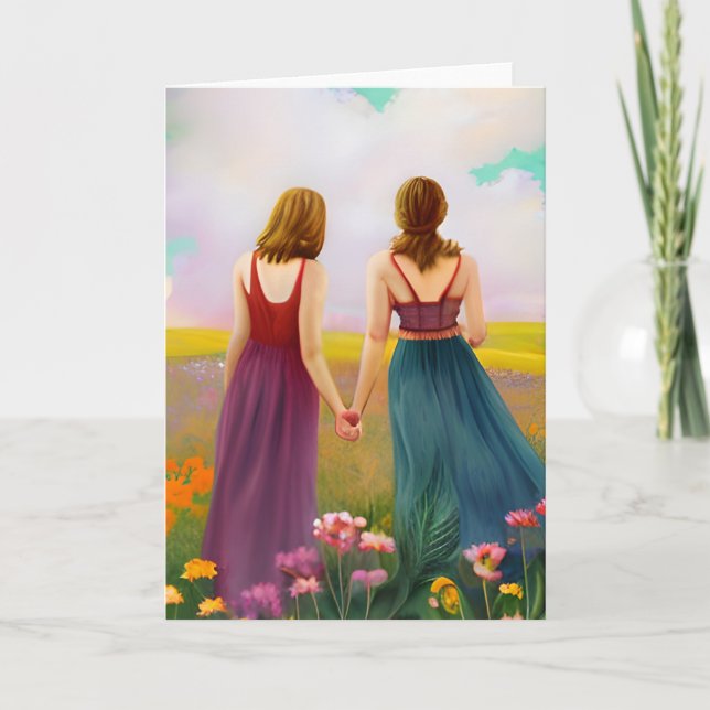 Beautiful Lesbian Couple in Field of Flowers Card (Front)