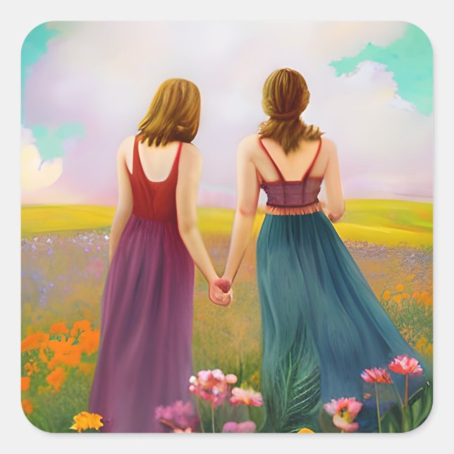 Beautiful Lesbian Couple in Field of Flowers Square Sticker (Front)