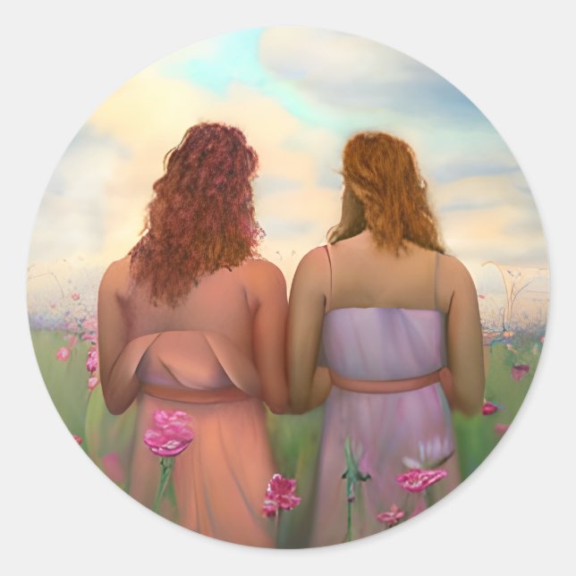Beautiful Lesbian Couple in Meadow of Flowers Classic Round Sticker (Front)