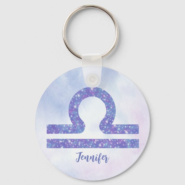 Beautiful Libra Astrology Sign Personalised Purple Key Ring (Front)