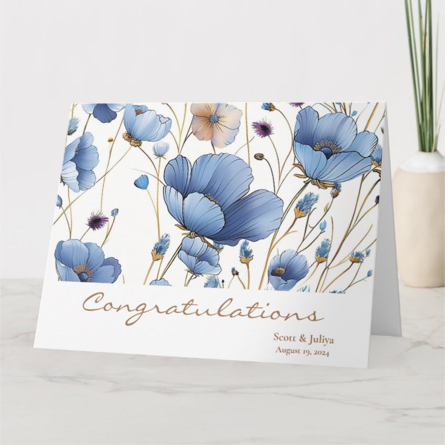 Beautiful light blue floral  wedding greeting card (Front)
