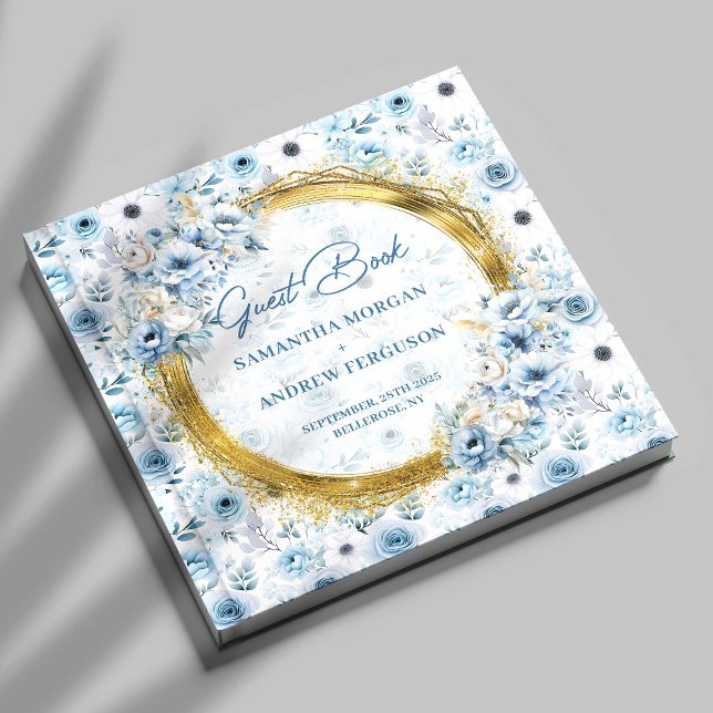 Beautiful Light Blue Flowers Gold Glitter Wedding Guest Book (Beautiful Light Blue Flowers Gold Glitter Wedding Guest Book)