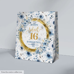 Beautiful Light Blue Flowers Sweet 16 Gold Glitter Medium Gift Bag