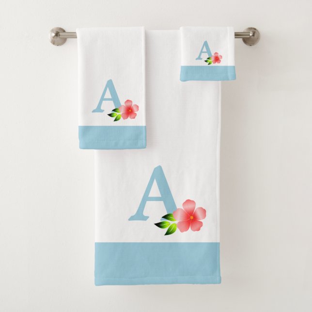 Beautiful Light Blue Monogram with Pink Flower Bath Towel Set (Insitu)