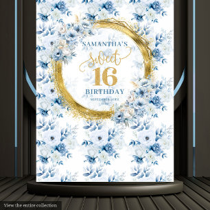 Beautiful Light Blue Sweet 16 Gold Glitter Banner Tapestry