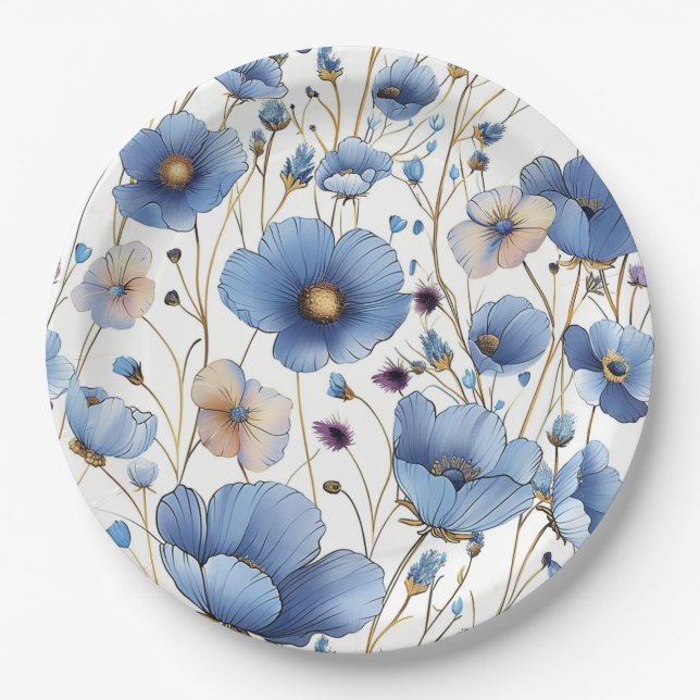 Beautiful light blue wildflower paper plate (Front)