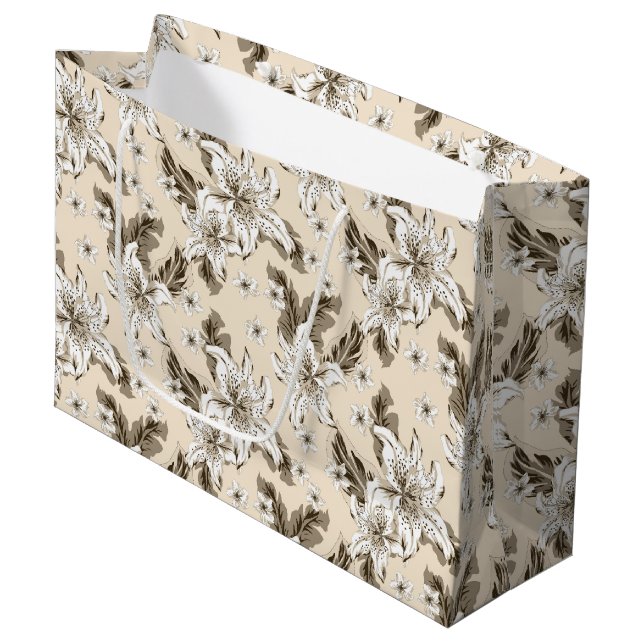 Beautiful light brown flower pattern large gift bag (Front Angled)