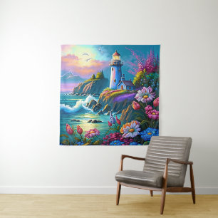beautiful lighthouse lovers beach  tapestry