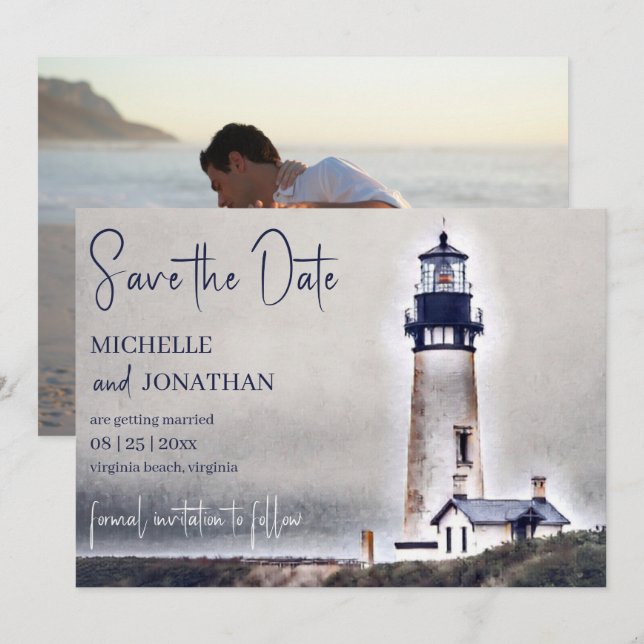Beautiful Lighthouse Nautical Beach Photo Wedding Save The Date (Front/Back)