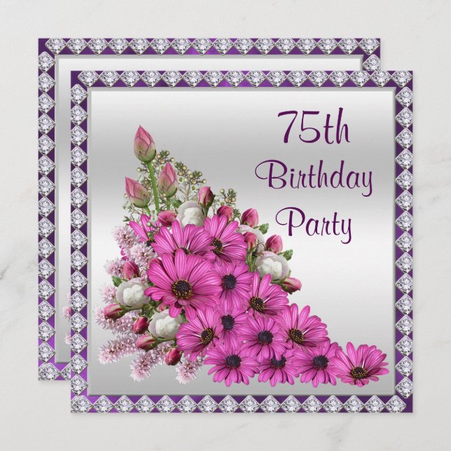 Beautiful Lilac Bouquet & Diamonds 75th Birthday Invitation (Front/Back)