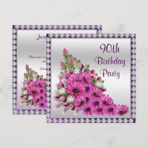 Beautiful Lilac Bouquet & Diamonds 90th Birthday Invitation