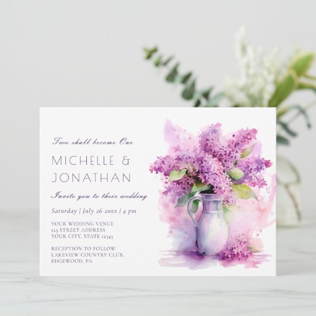 Beautiful Lilac Floral Christian Bible Wedding Invitation (Standing Front)