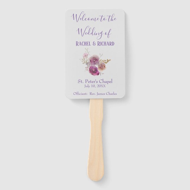 Beautiful Lilac Watercolor Flower Wedding Program Hand Fan (Front)