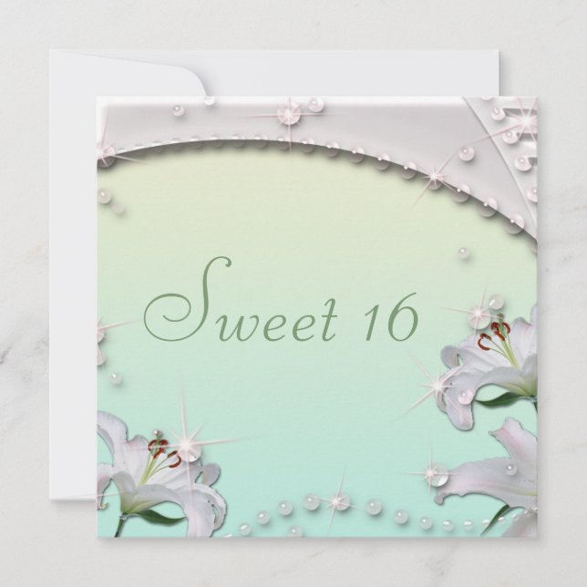 Beautiful Lilies and Sparkles Mint Green Sweet 16 Invitation (Front)