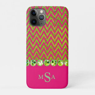 Beautiful Lime Green Pink Bling Chevron Monogram iPhone 11 Pro Case
