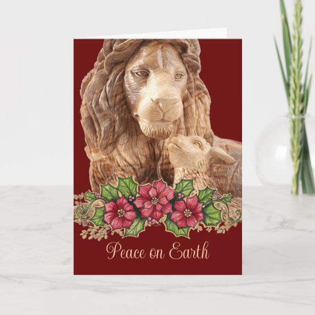 Beautiful Lion Lamb Pointsettia Christmas Card (Front)