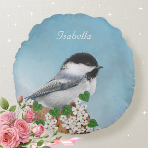 Beautiful Little Bird & Flowers Personalised Round Cushion