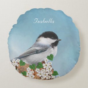 Beautiful Little Bird & Flowers Personalized Round Cushion
