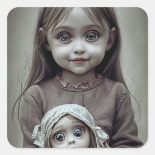Beautiful Little Girl with Creepy Antique Doll Square Sticker