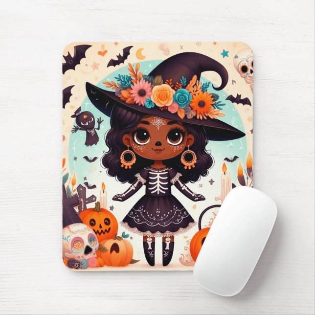 Beautiful little witch halloween party mouse mat (With Mouse)