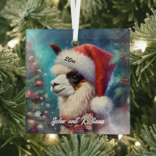 Beautiful Llama in a Santa Hat Glass Tree Decoration
