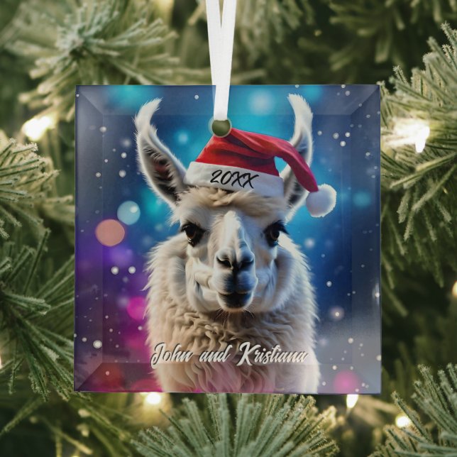 Beautiful Llama in a Santa Hat Glass Tree Decoration (Insitu)