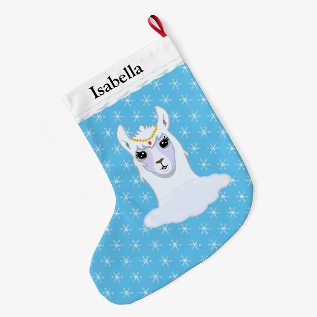 Beautiful Llama & Snowflakes on Turquoise Large Christmas Stocking (Back (Hanging))