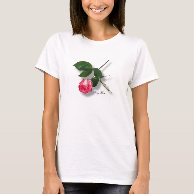 Beautiful Long  Stem Pink Rose T-Shirt (Front)