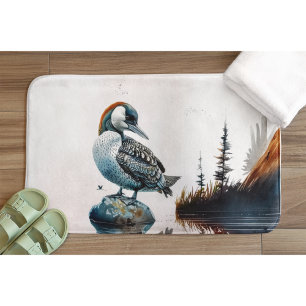beautiful loon on a rock in watercolor bath mat