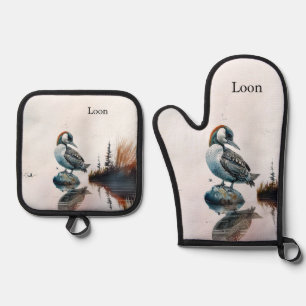 beautiful loon on a rock in watercolor oven mitt & pot holder set