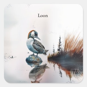 beautiful loon on a rock in watercolor square sticker