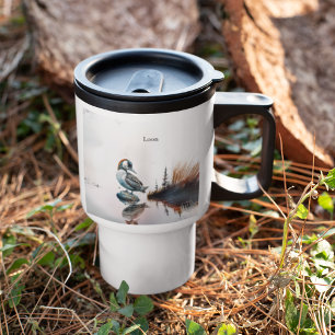 beautiful loon on a rock in watercolor travel mug