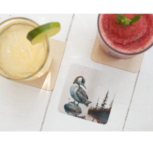 beautiful loon on water in watercolor square paper coaster