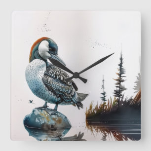 beautiful loon on water in watercolor square wall clock