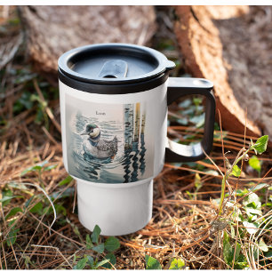 beautiful loon on water in watercolor travel mug