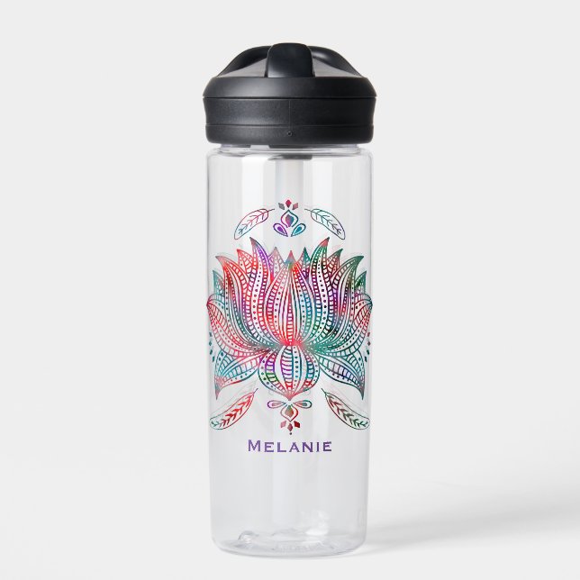 Beautiful Lotus Flower Boho Art Personalised Water Bottle (Front)