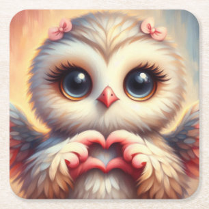 Beautiful Love Heart Owl Square Paper Coaster